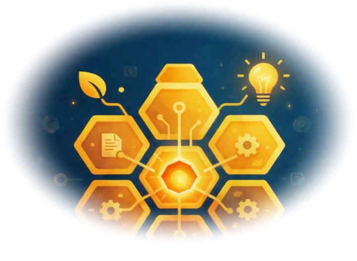 The Prompt Hive: a honeycomb of connected prompt cells around a glowing core